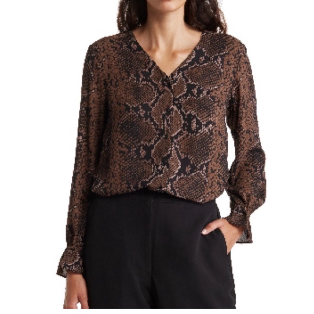 T Tahari brown black snake print blouse v neck button down